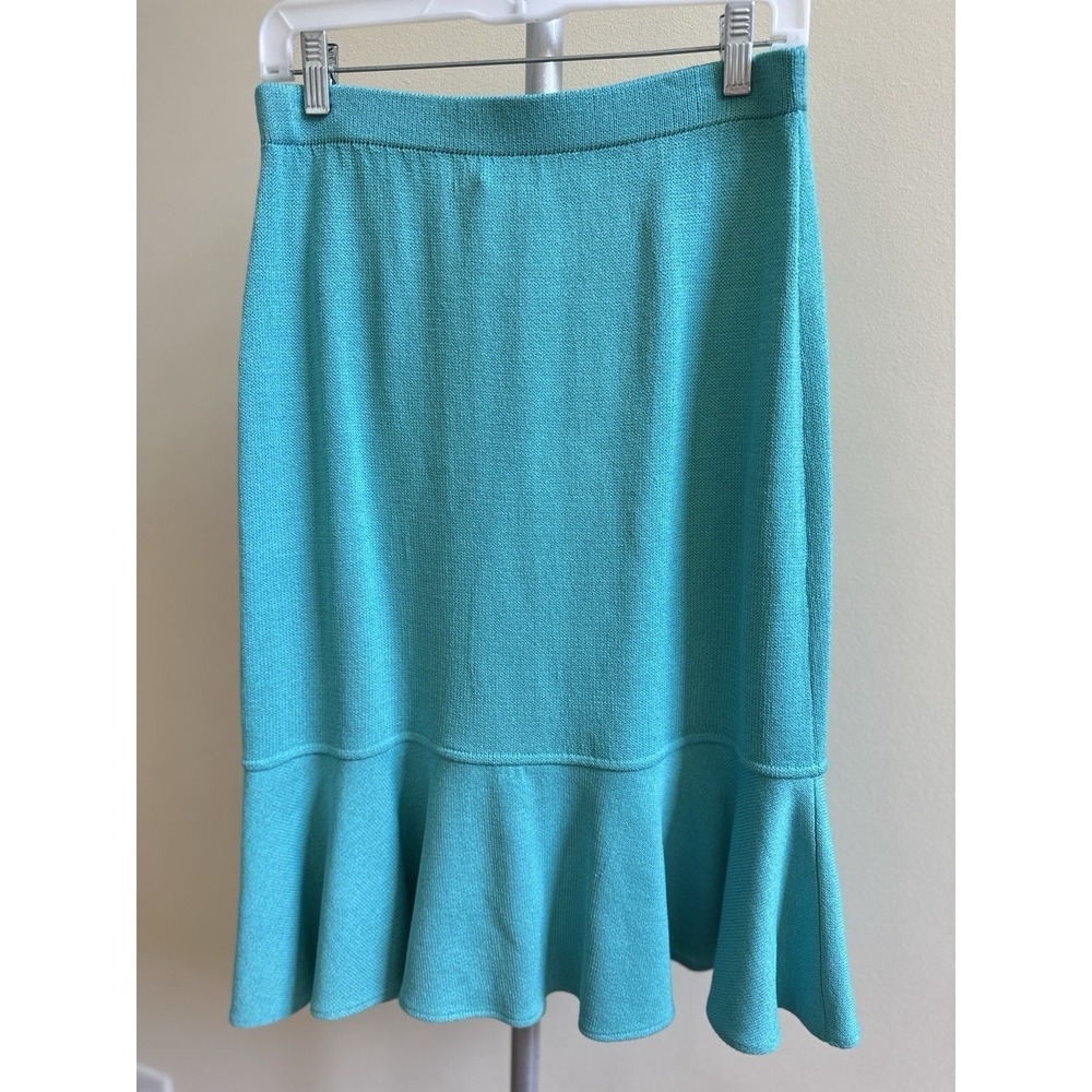NWOT St. John Knits Suit Set Teal Blue Flare Trim Skirt Size 8